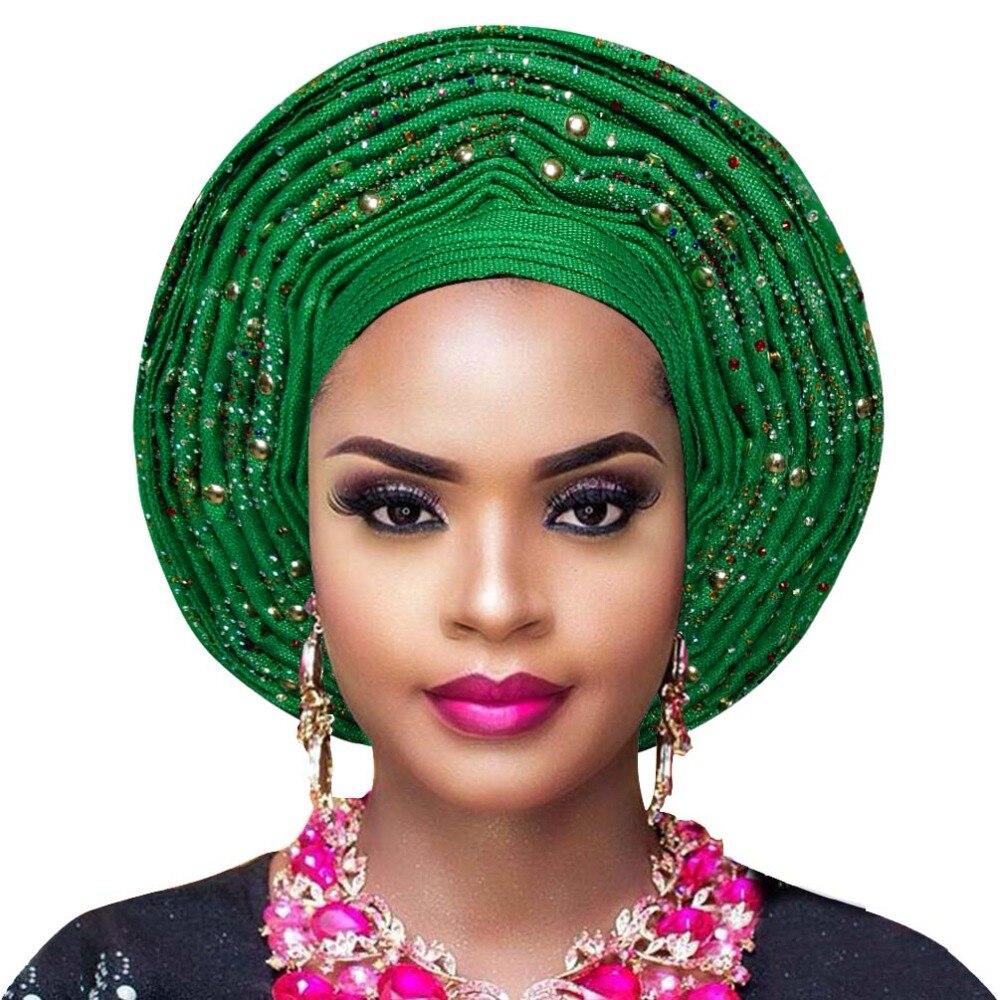 Popular Women headwrap aso oke auto gele for aso ebi african headtie with beads