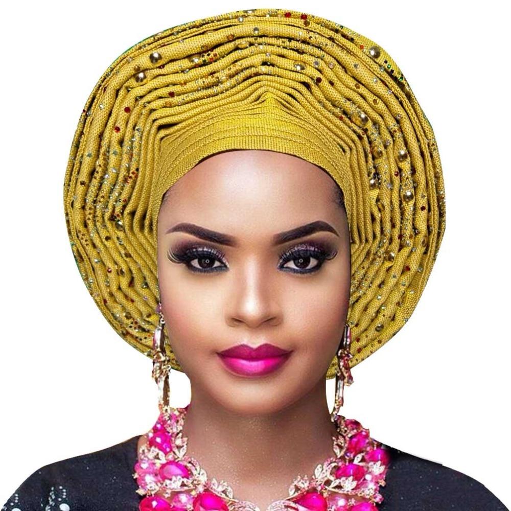 Popular Women headwrap aso oke auto gele for aso ebi african headtie with beads