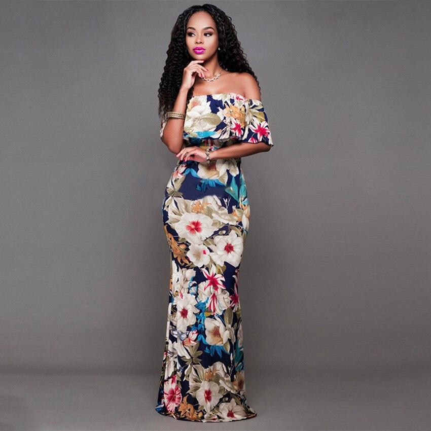 2019 News Eveving Party Dress African Clothes Ruffle Shoulder Off Floral Print Vestidos African Robe Dresses for Women