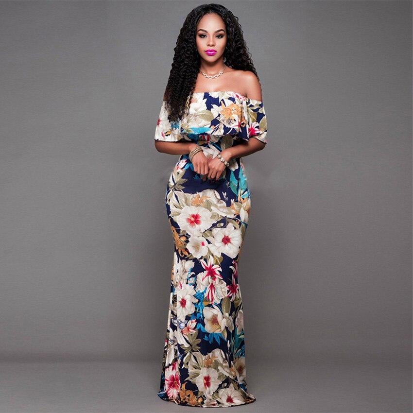 2019 News Eveving Party Dress African Clothes Ruffle Shoulder Off Floral Print Vestidos African Robe Dresses for Women