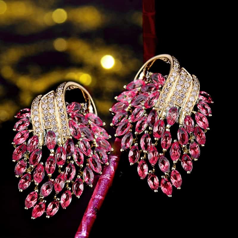 Earrings For Women Vintage Party Fine Jewelry 18K Yellow Gold Natural Diamonds Pink Red Ruby Earrings Young Lady Jewelry Gift