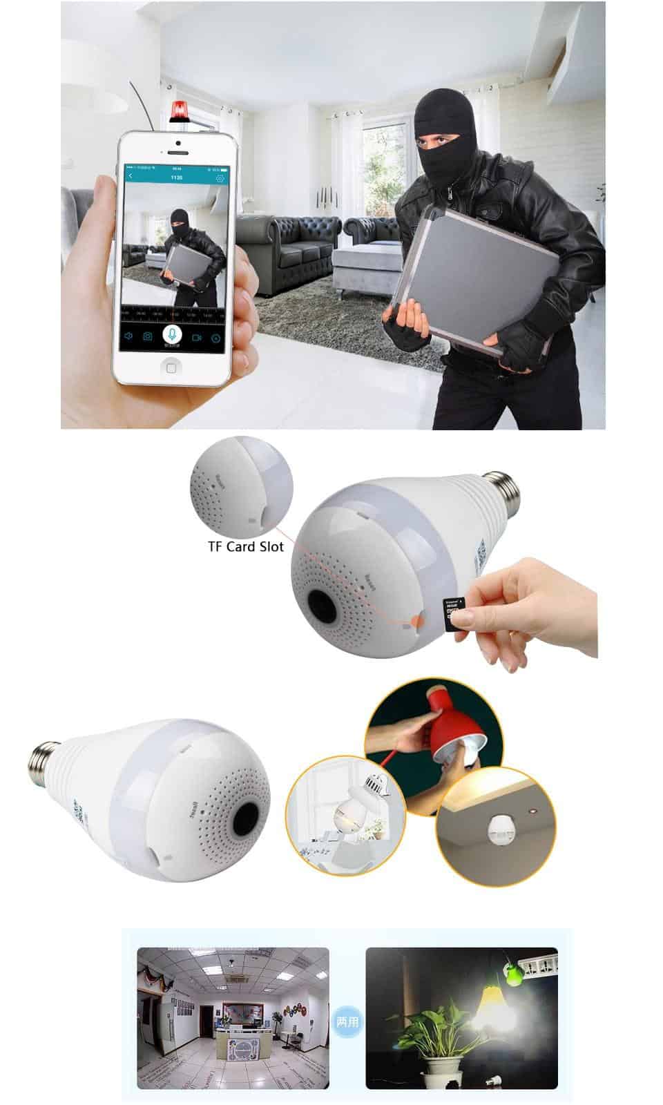 1080P Wi-Fi FishEye Camera 360 degree Bulb Light VR Camera 3.0 MP Panoramic Wireless IP Camera Night Vision V380 Lamp Camera