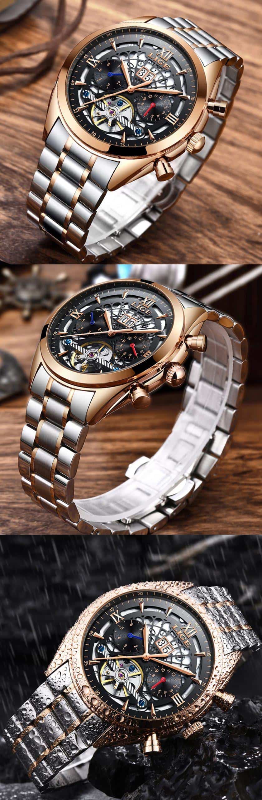 2020 LIGE New Classic Luxury Hollow Mechanical Watch Men's Waterproof Stainless Steel Watch Top Brand Luxury Men Watch + Box