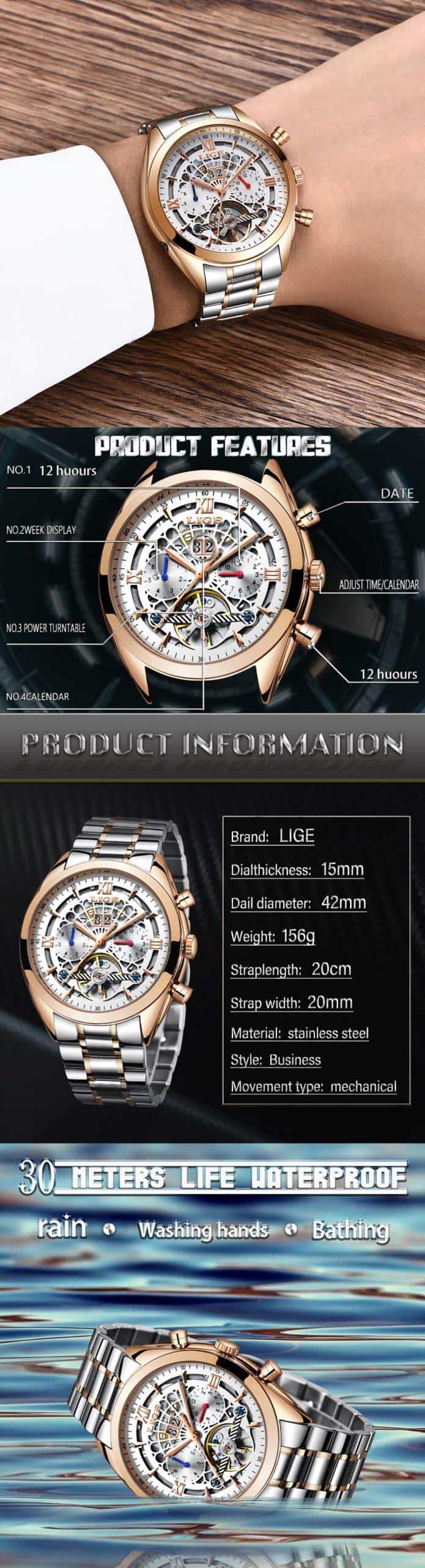 2020 LIGE New Classic Luxury Hollow Mechanical Watch Men's Waterproof Stainless Steel Watch Top Brand Luxury Men Watch + Box