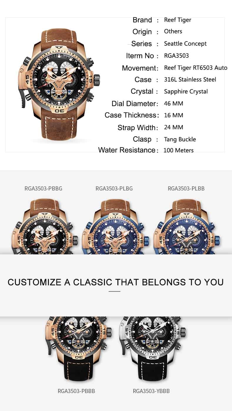 Reef Tiger/RT Brand Military Watches for Men Rose Gold Blue Dial Brown Leather Strap Automatic Watches Relogio Masculino RGA3503