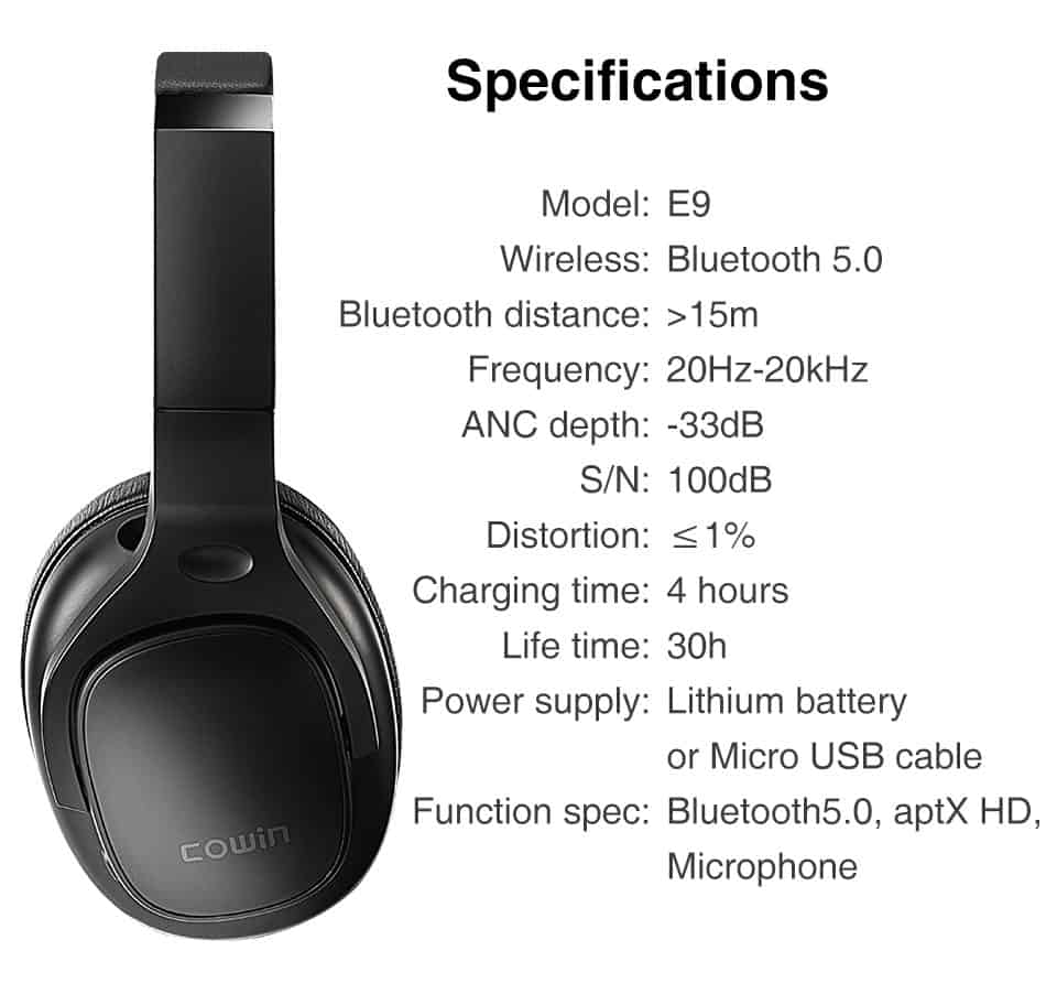 COWIN E9 Active Noise Cancelling Headphones Bluetooth Headphones Wireless Headset Over Ear with Microphone Aptx HD sound