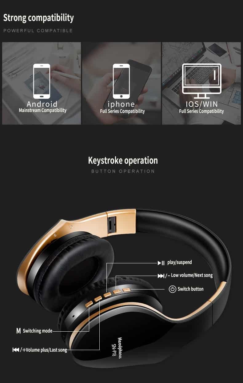 Wireless Bluetooth Headphones Noise Cancelling Headset Foldable Stereo Bass Sound Adjustable Earphones With Mic For PC All Phone