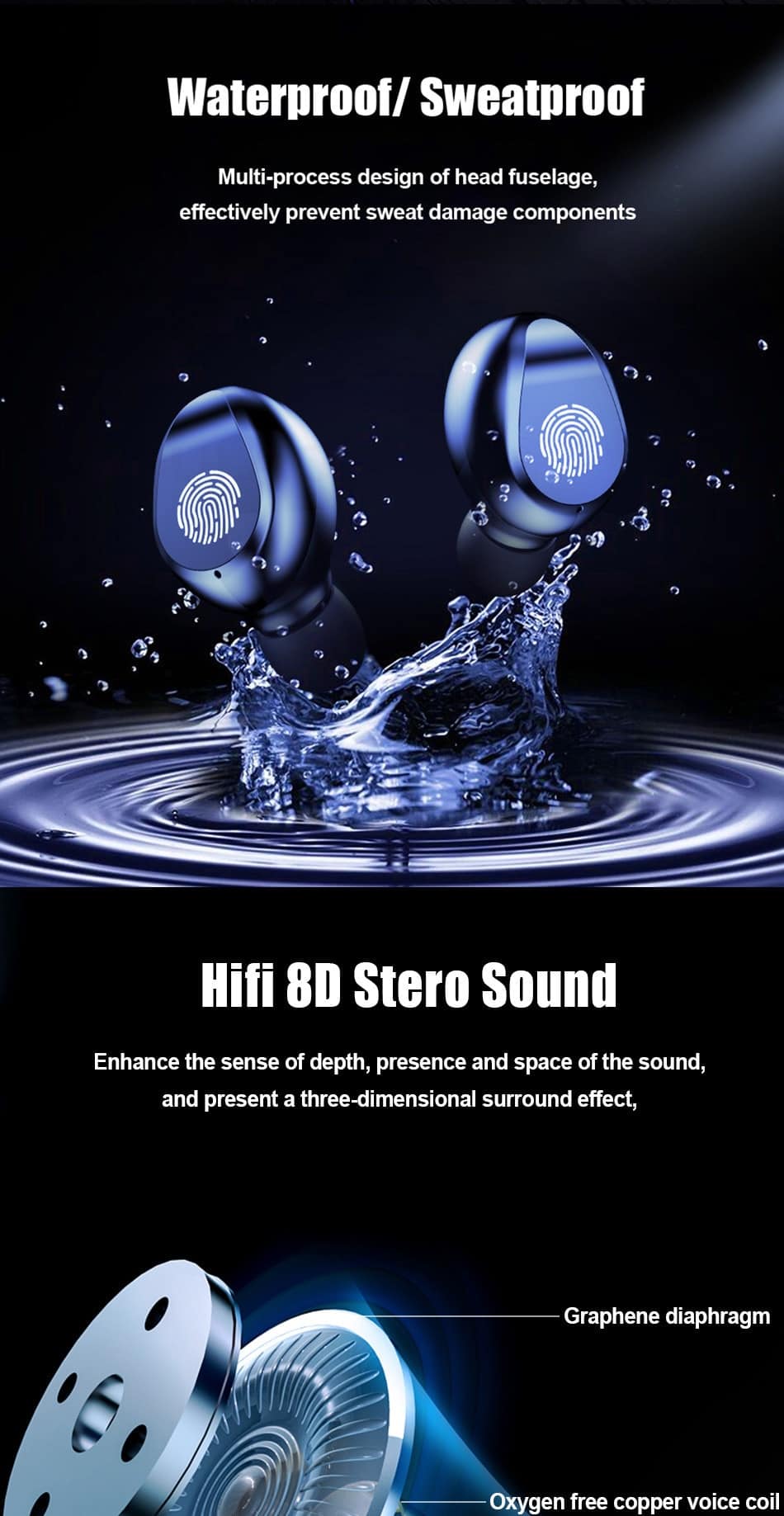 VOULAO Bluetooth 5.0 Earphone 8D Stereo Wireless Headphones Sport Waterproof Handsfree Earbuds Headset with 2000 mAh Power Bank