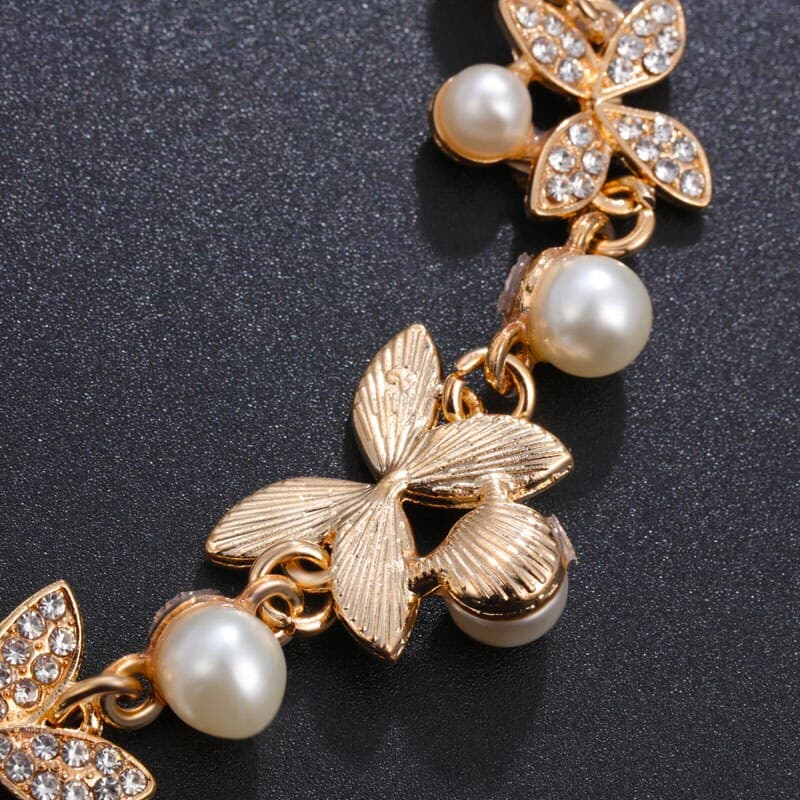 Fashion Pearl Jewelry Sets For Women Gold Silver Flower Chocker Statement Necklace Stud Earrings Bling Crystal Stone Set