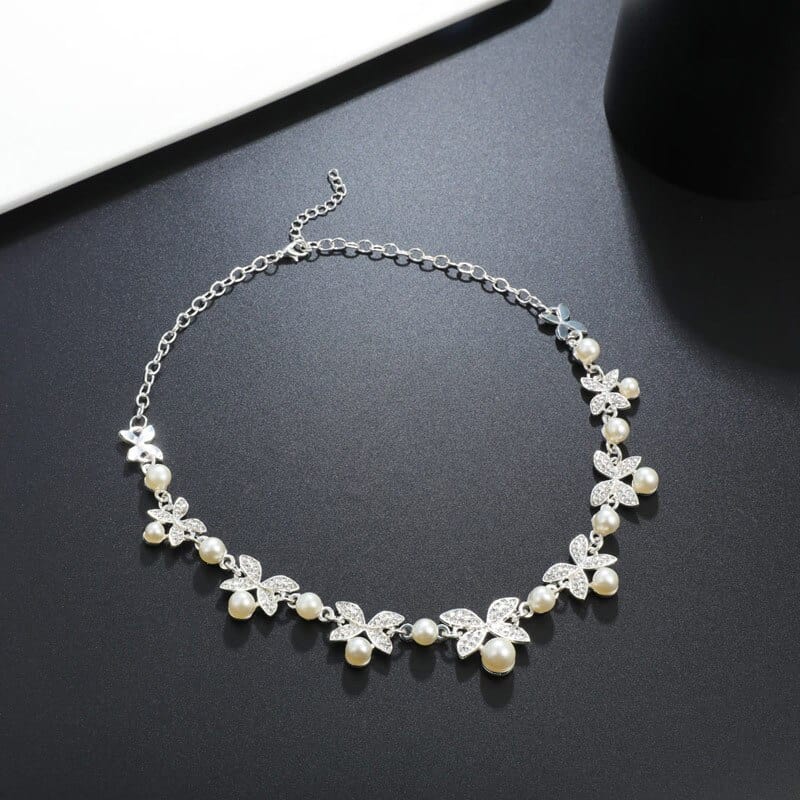 Fashion Pearl Jewelry Sets For Women Gold Silver Flower Chocker Statement Necklace Stud Earrings Bling Crystal Stone Set