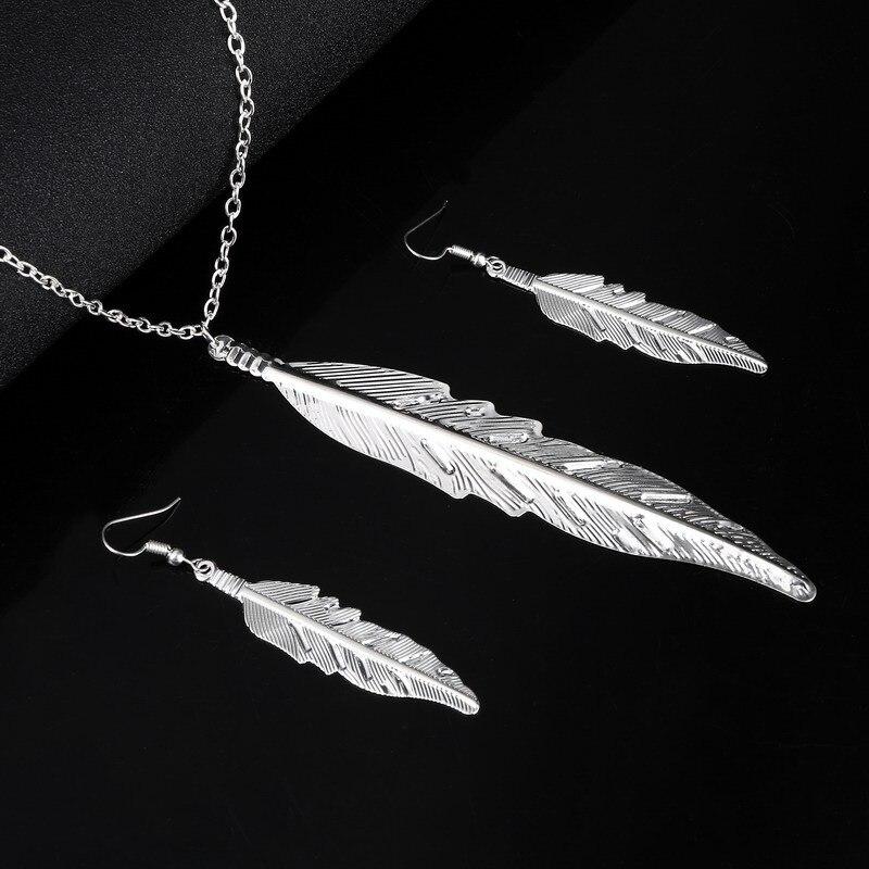 Fashion Silver Plated Feather Pendant Necklace Earrings Short Chains Jewelry Set For Women Drop Shipping Jewelry Set