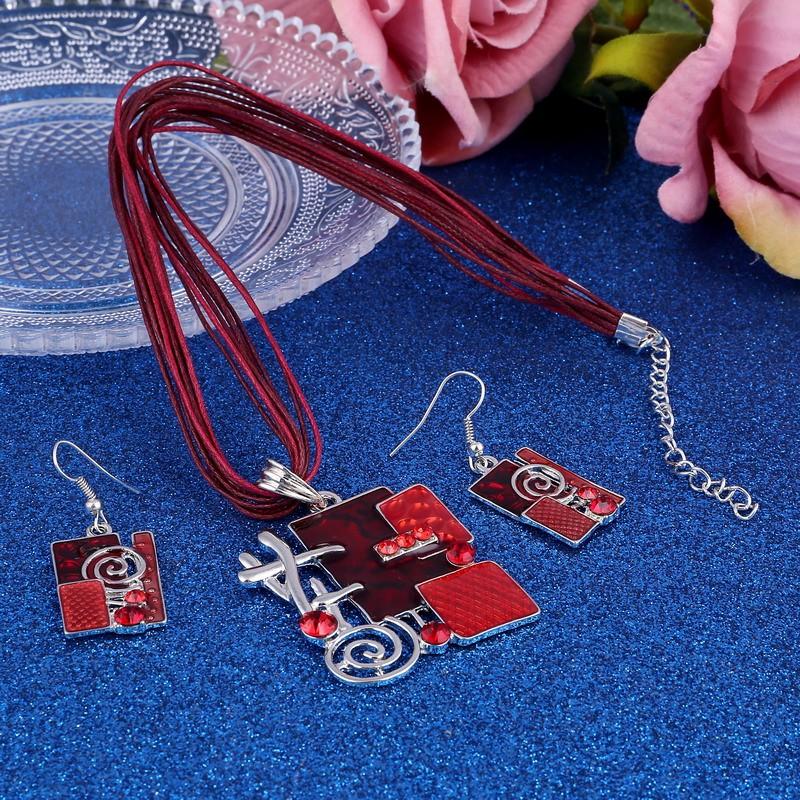 Bohemia Enamel Jewelry Sets Delicate Lucite Silver Plated Pendant Multilayer Leather Chain Choker Necklace Earrings Set Wedding