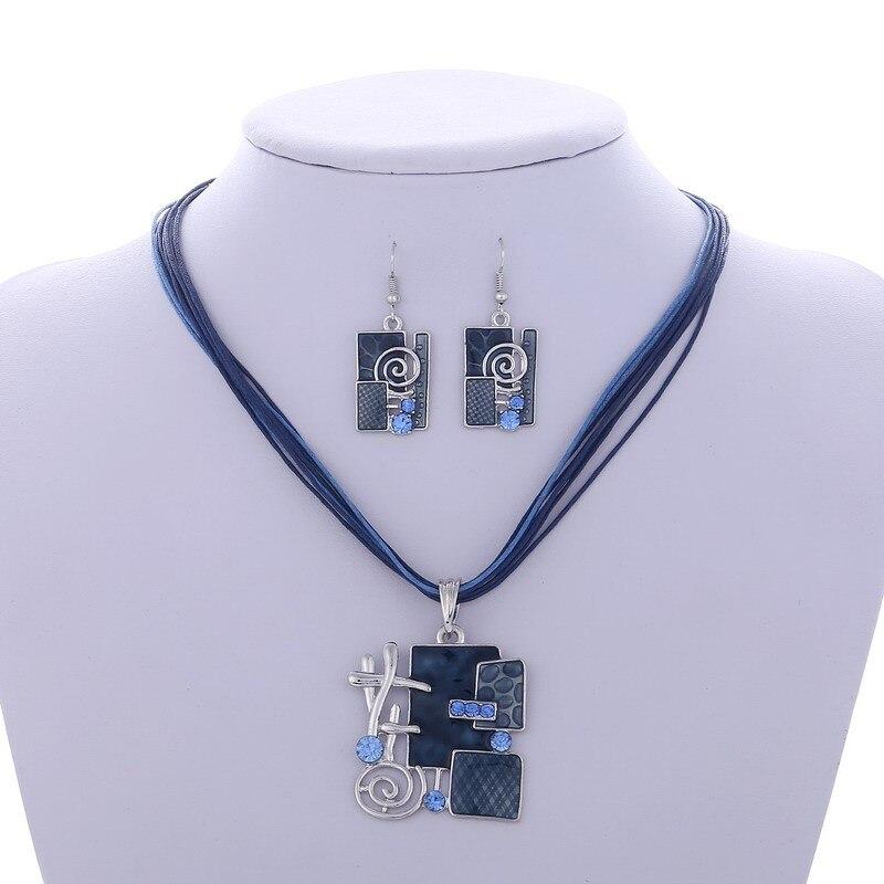 Bohemia Enamel Jewelry Sets Delicate Lucite Silver Plated Pendant Multilayer Leather Chain Choker Necklace Earrings Set Wedding