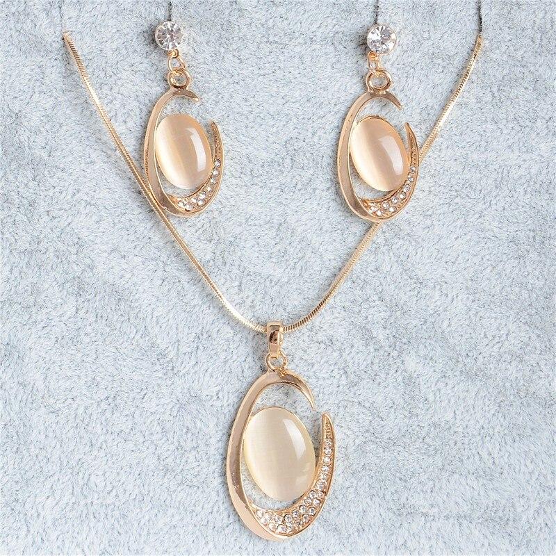 Brand Natural Cat's Eye Stone Jewelry Sets Pendant Necklace Earrings For Women Wedding Crystal Jewelry gold parure bijoux femme