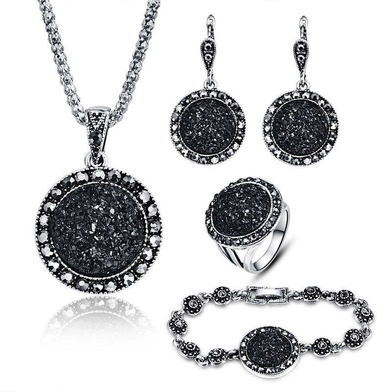 Wholesale Vintage Black Jewelry Set Fashion Women Jewelry Set Antique Silver Crystal Round Stone Pendant Necklace Sets 4Pcs