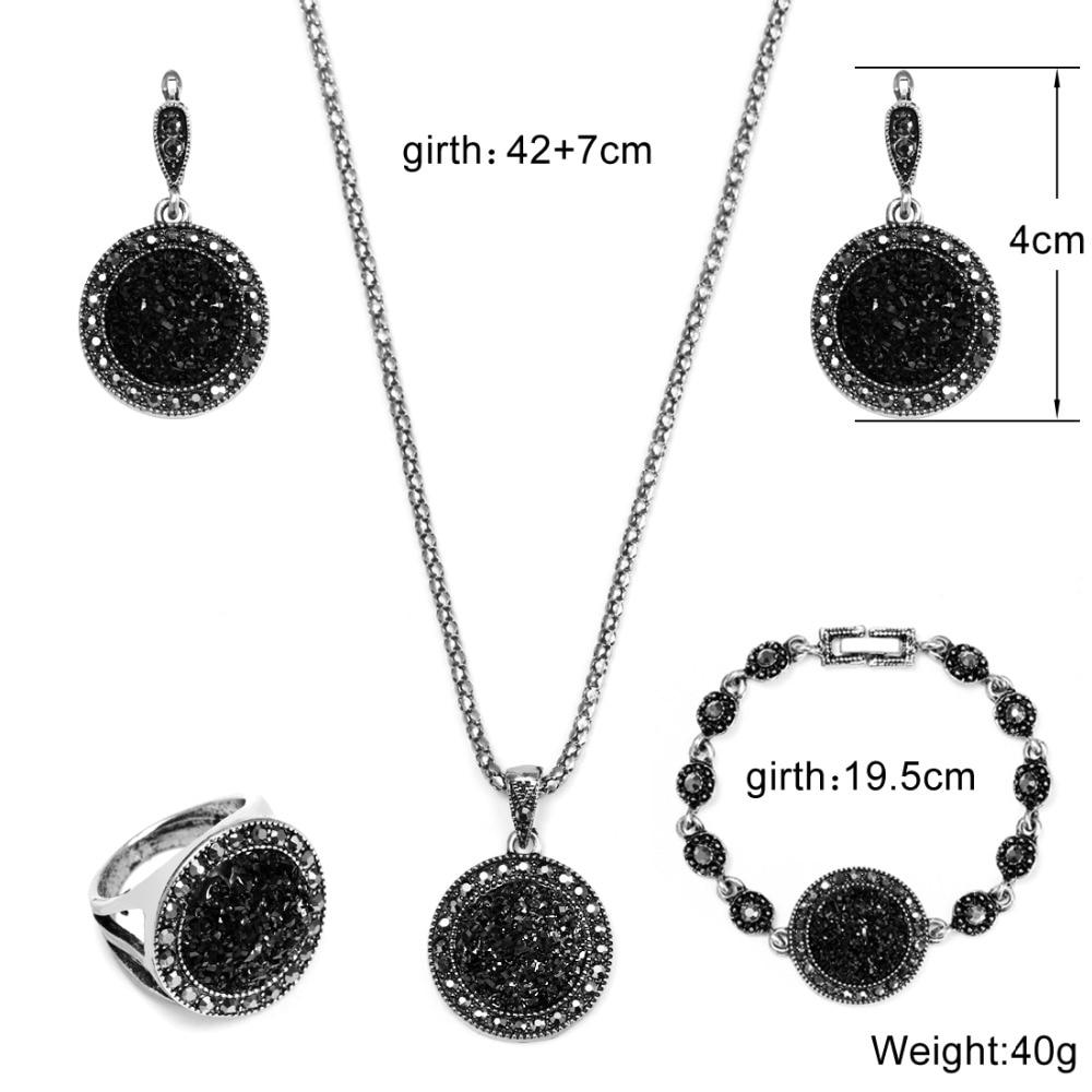 Wholesale Vintage Black Jewelry Set Fashion Women Jewelry Set Antique Silver Crystal Round Stone Pendant Necklace Sets 4Pcs