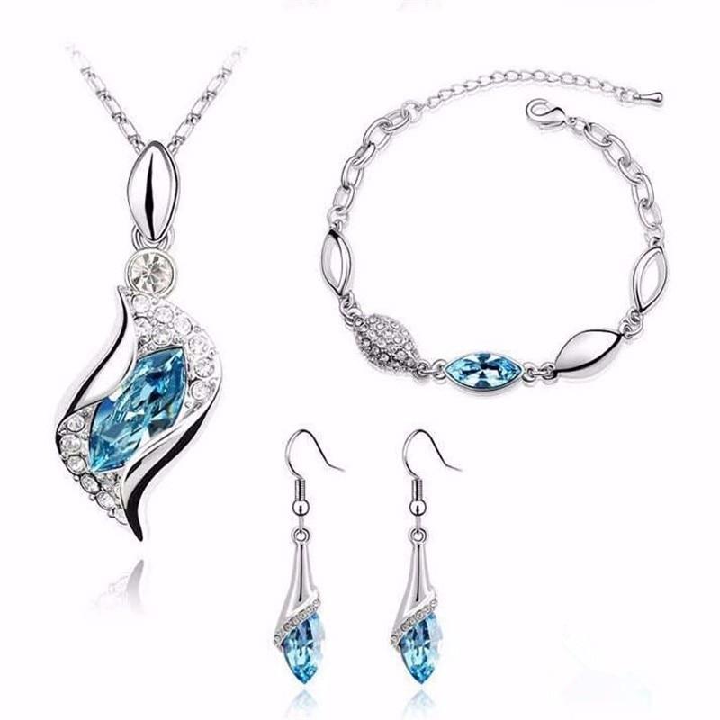 Fashion Wedding Gift Jewelry Gold Color Water Drop Shape Crystal Earrings Necklace Adjustable Bracelets Set Women Jewelry Sets