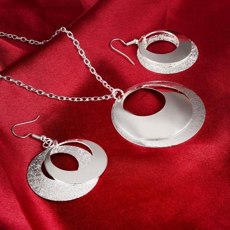 Cheap Price Matte Silver Plated Round Pendant Necklace Earrings Match All Jewelry Set For Women
