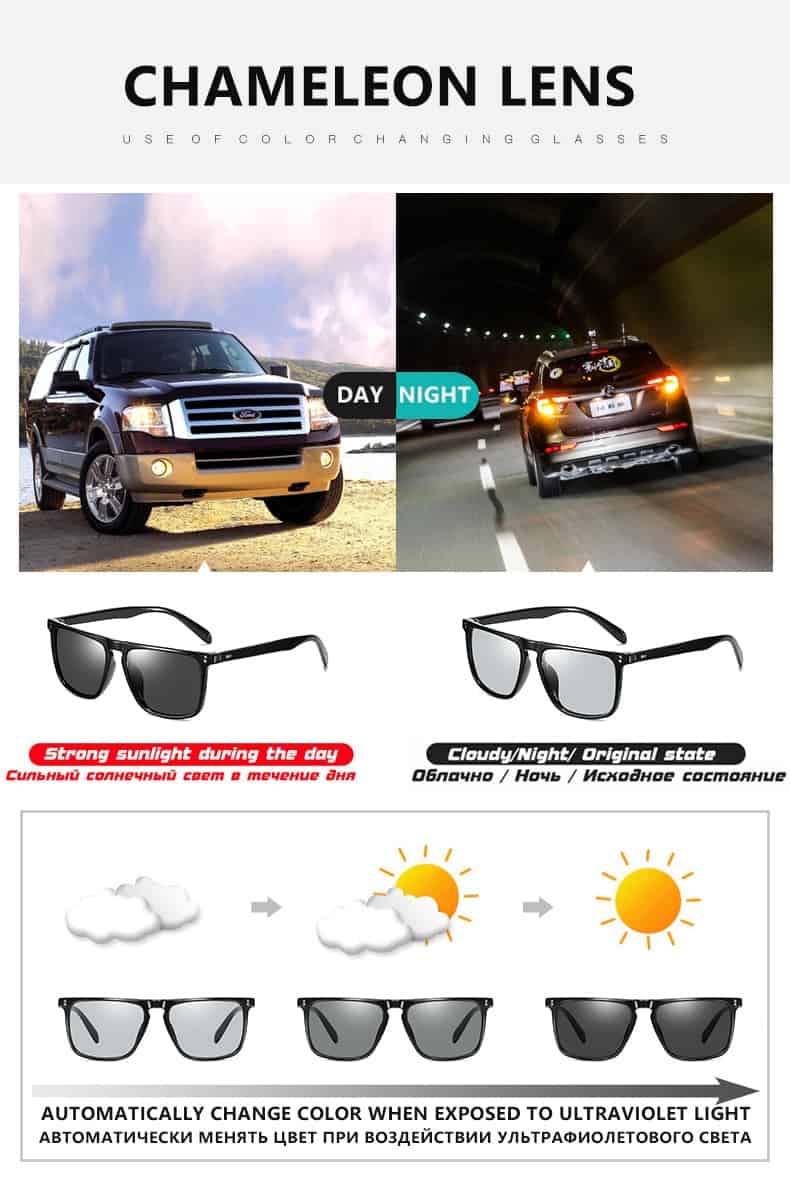 Square Retro Rivet Photochromic Sunglasses Men Polarized Women Sports Sun Glasses Day Night Vision Driving gafas de sol hombre