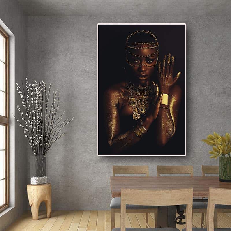 Black and Gold Nude African Woman with Necklace Canvas Painting Posters and Print Scandinavian Wall Art Picture for Living Room