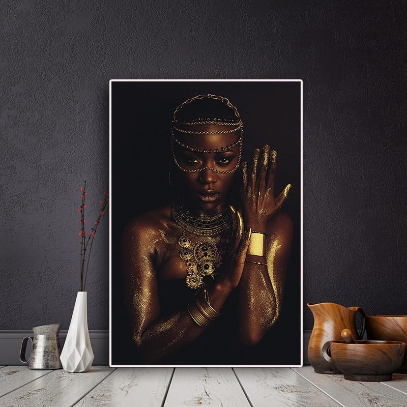 Black and Gold Nude African Woman with Necklace Canvas Painting Posters and Print Scandinavian Wall Art Picture for Living Room