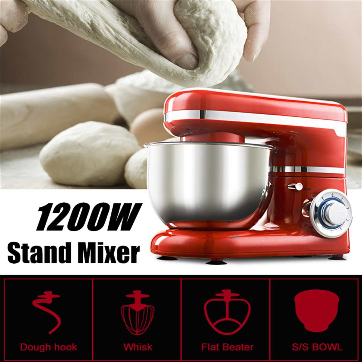 1200W 4L Stainless Steel Bowl Mixer Kitchen Blenders Mixer Cream Eggs Whisk Cake Dough Maker Bread Mixer Machine Food Processor