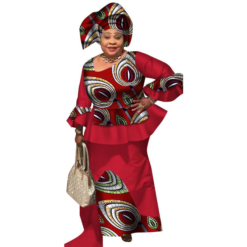 Africa Style Bazin Riche Dresses for Women Two Pieces Set Women Long Sleeve Tops and Long African Print Skirt Plus Size WY2496