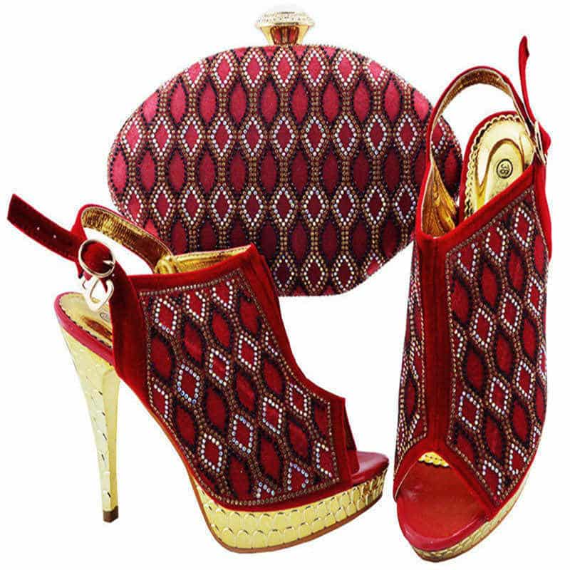 Africa Style PU With Rhinestone High Heels Shoes And Bag Matching Set New Fashion Woman Shoes And Bag Set For Wedding Party