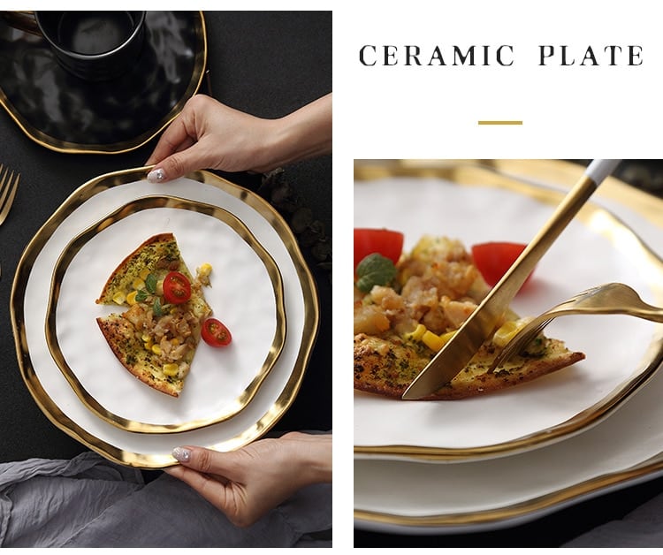 Ceramic Dinner Plate Gold inlay Snack Dishes Luxury Gold Edges Plate Dinnerware Kitchen Plate Black And White Tray Tablware Set