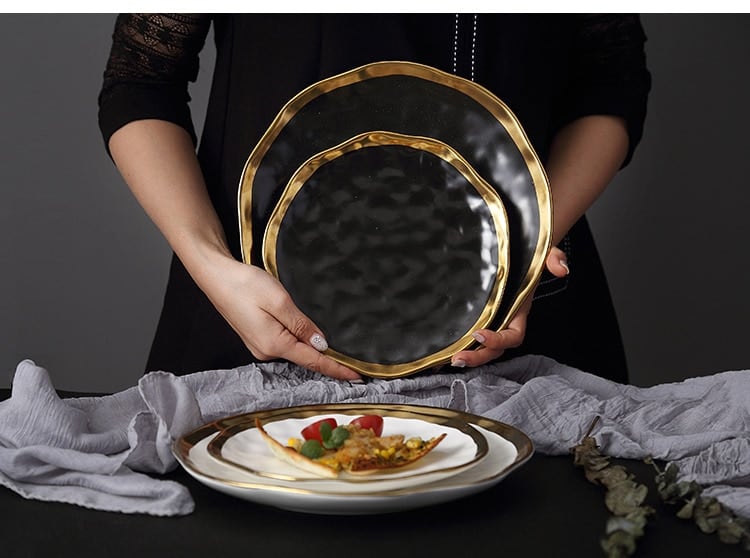Ceramic Dinner Plate Gold inlay Snack Dishes Luxury Gold Edges Plate Dinnerware Kitchen Plate Black And White Tray Tablware Set