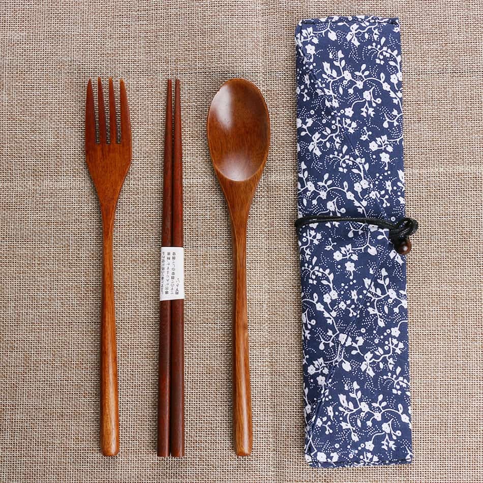 Baispo Portable Tableware Wooden Cutlery Sets with Useful Spoon Fork Chopsticks Travel Gift Dinnerware Suit with Cloth bag