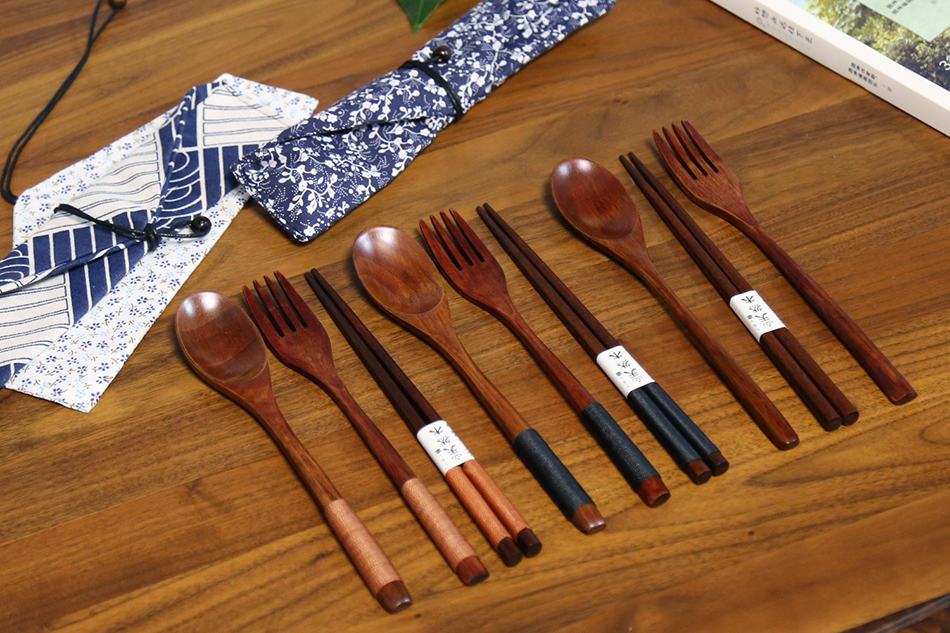 Baispo Portable Tableware Wooden Cutlery Sets with Useful Spoon Fork Chopsticks Travel Gift Dinnerware Suit with Cloth bag