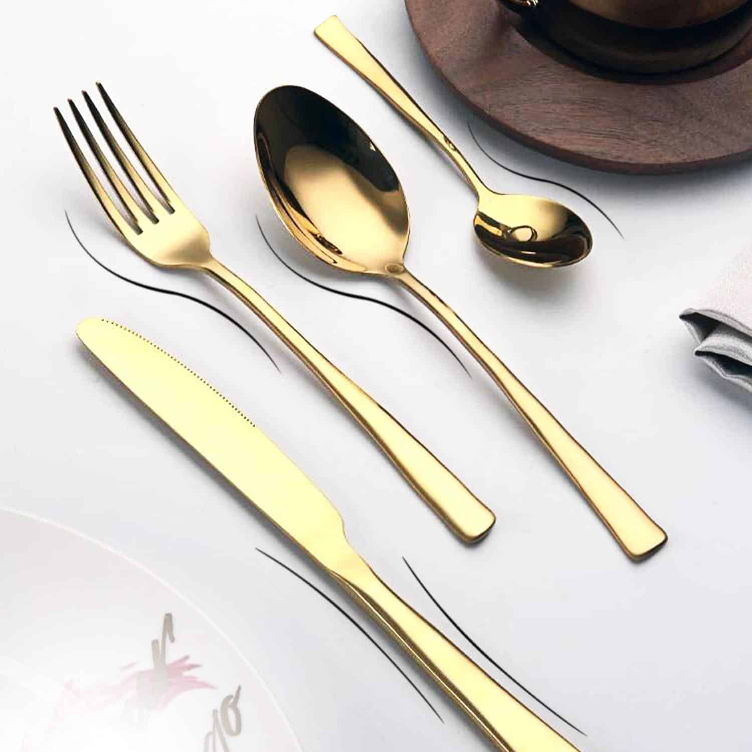 24PCS Gold Cutlery Dinner Set Tableware Cutlery Set Dishes Knives Forks Spoons Western Kitchen Dinnerware Stainless Steel Home