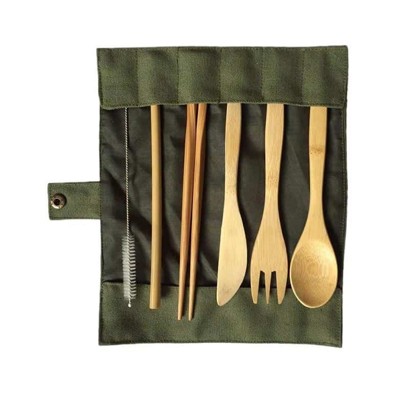 UPORS Reusable Bamboo Cutlery Set Portable Tableware Wooden Cutlery Fork Spoon Knife Set with Cutlery Bag for Travel Utensil Set