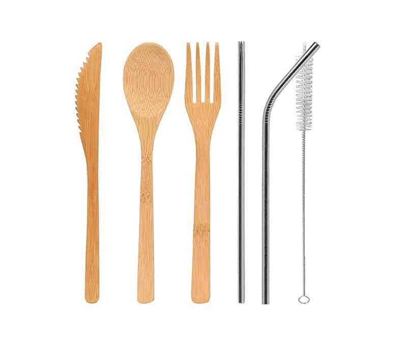 UPORS Reusable Bamboo Cutlery Set Portable Tableware Wooden Cutlery Fork Spoon Knife Set with Cutlery Bag for Travel Utensil Set