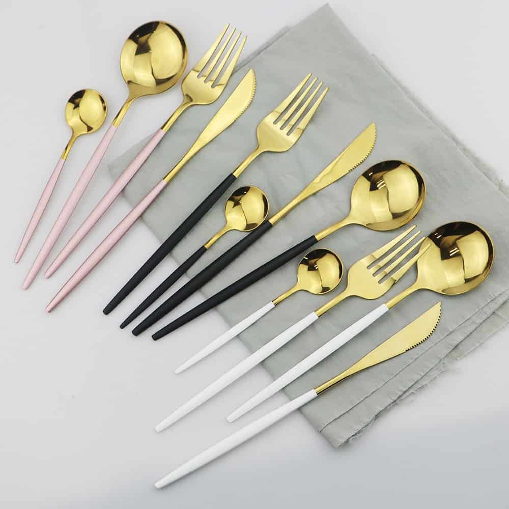 24Pcs Black Gold Cutlery Set 18/10 Stainless Steel Dinnerware Set Colorful Knife Fork Spoon Tableware Kitchen Dinner Silverware
