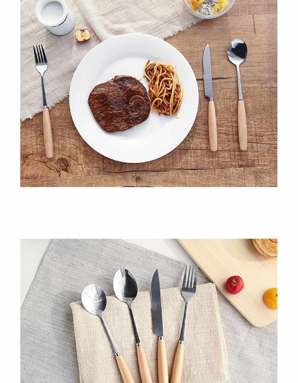 Wooden Handle Dinnerware Set Stainless Steel Plated Silver Knife Fork Tableware Cutlery Luxury European Western Food Set 4pcs