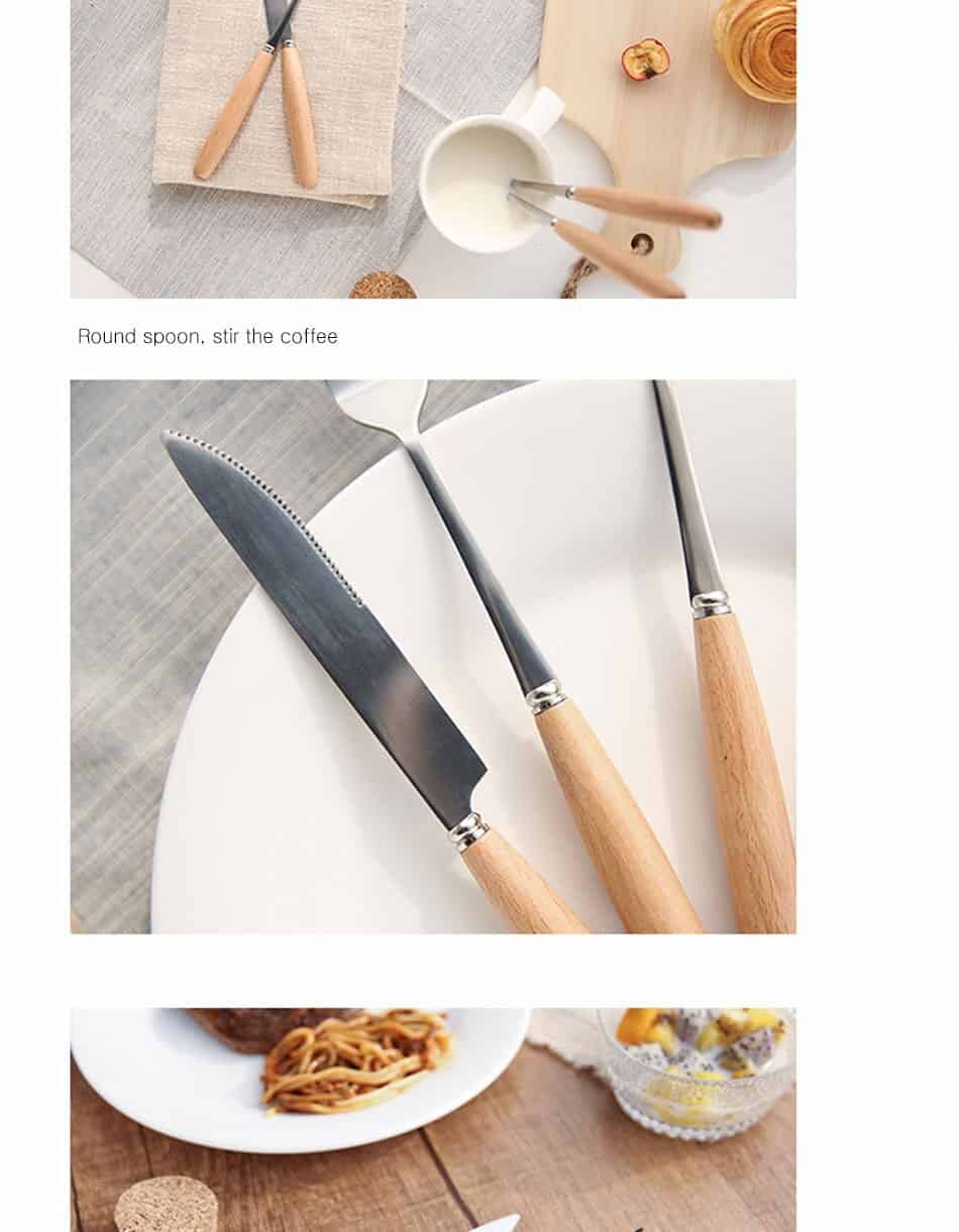 Wooden Handle Dinnerware Set Stainless Steel Plated Silver Knife Fork Tableware Cutlery Luxury European Western Food Set 4pcs