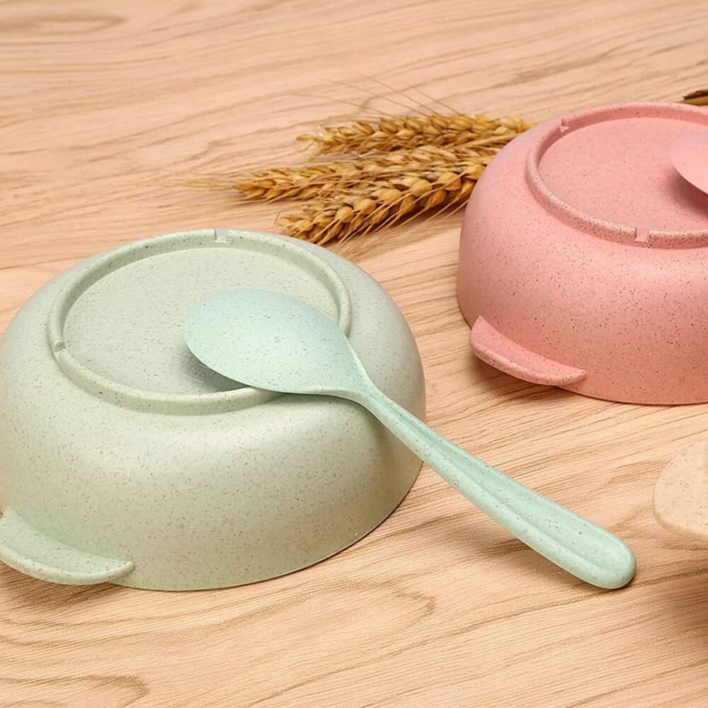 2 Pcs/Set Baby Feeding Food Tableware Wheat straw Kid Dishes Eco-Friendly Children Training Dinnerware Plate Bowl Spoon