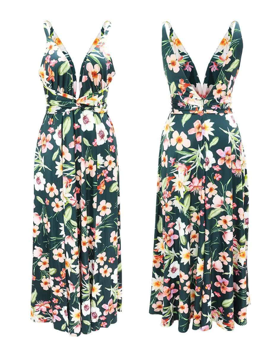 2020 Spring dress Floral Sexy Maxi dress Long Pleated Dresses Backless robe femme V neck long evenning dress