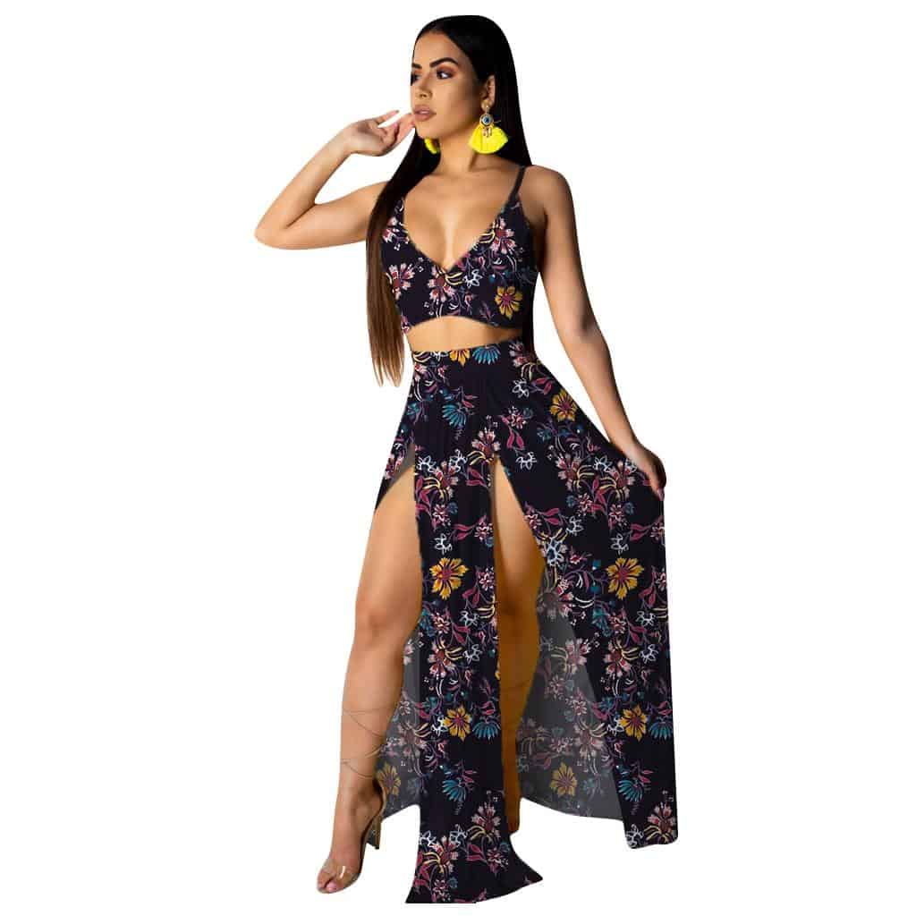 Floral Print Sexy Women Sets Vneck Spaghetti Straps Crop Top With Long Dress Two Pieces Set Beach Backless Female Clothing