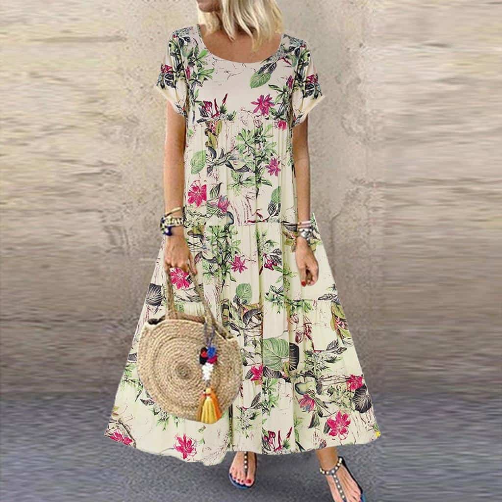 Summer New Fashion Womens Plus Size Casual Short Sleeve Boho Retro Linen Print Long Maxi Dress Wholesale Free Ship платье Z4