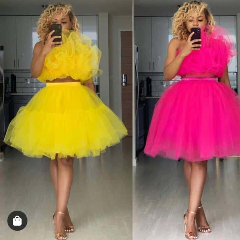 2019 Fashion 2 Pieces Evening Formal Dresses African Women Yellow Puffy Tull Knee Length Party Dresses