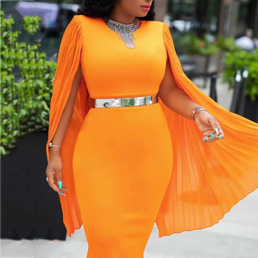 Orange Women Bodycon Dresses Elegant Party Dinner Midi Dress Robe African Pleated Shawl Sleeve Straight Dresses 2019 Vestiods