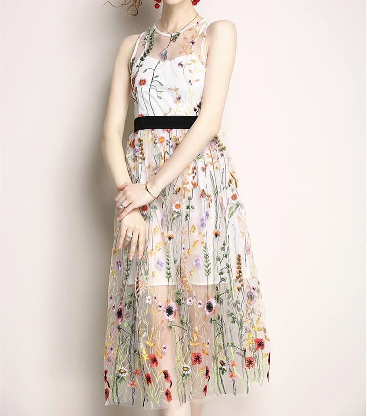 Embroidery Party Dresses Runway Floral Bohemian Flower Embroidered 2 Pieces Vintage Boho Mesh Dresses For Women Vestido D75905