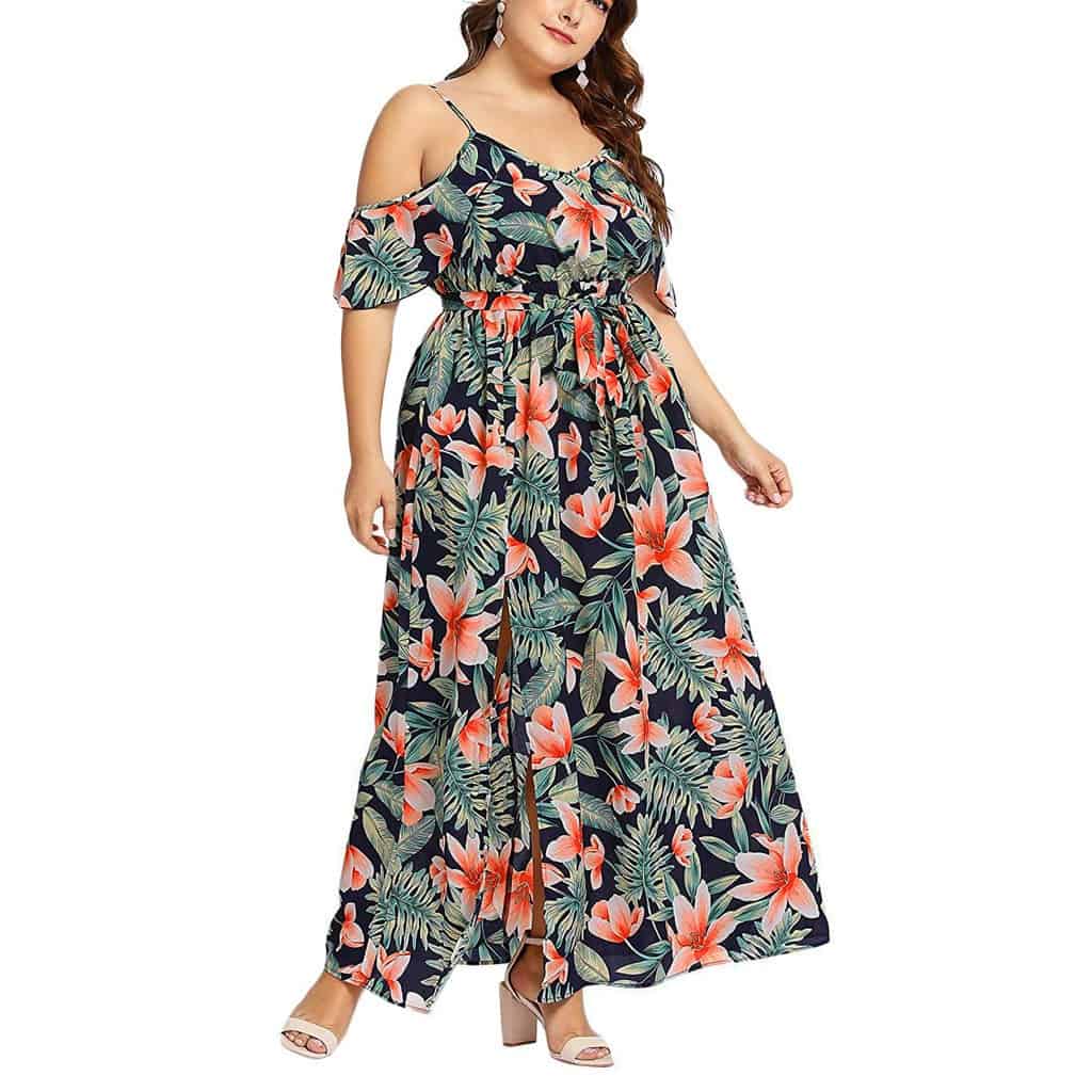 Plus Size Women Summer Dress Beach Bohemain Floral Print High Elastic Waist Long Dresses Sexy Sleeveless Side Split Maxi Vestido