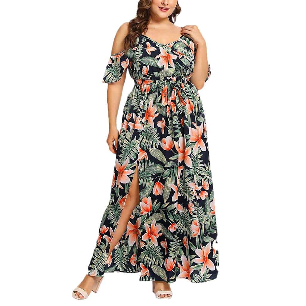 Plus Size Women Summer Dress Beach Bohemain Floral Print High Elastic Waist Long Dresses Sexy Sleeveless Side Split Maxi Vestido