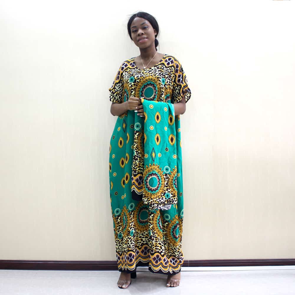 Bohemian Traditional Print Loose African Dress Autumn Fashion Women's Dress with Scarf