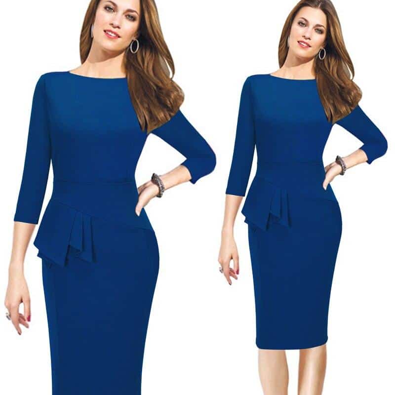 Elegant Women Work Wear Business Dress Plus Size Three Quarter Sleeve Slim Fitted Bodycon Casual Office Peplum Ladies Dress B228