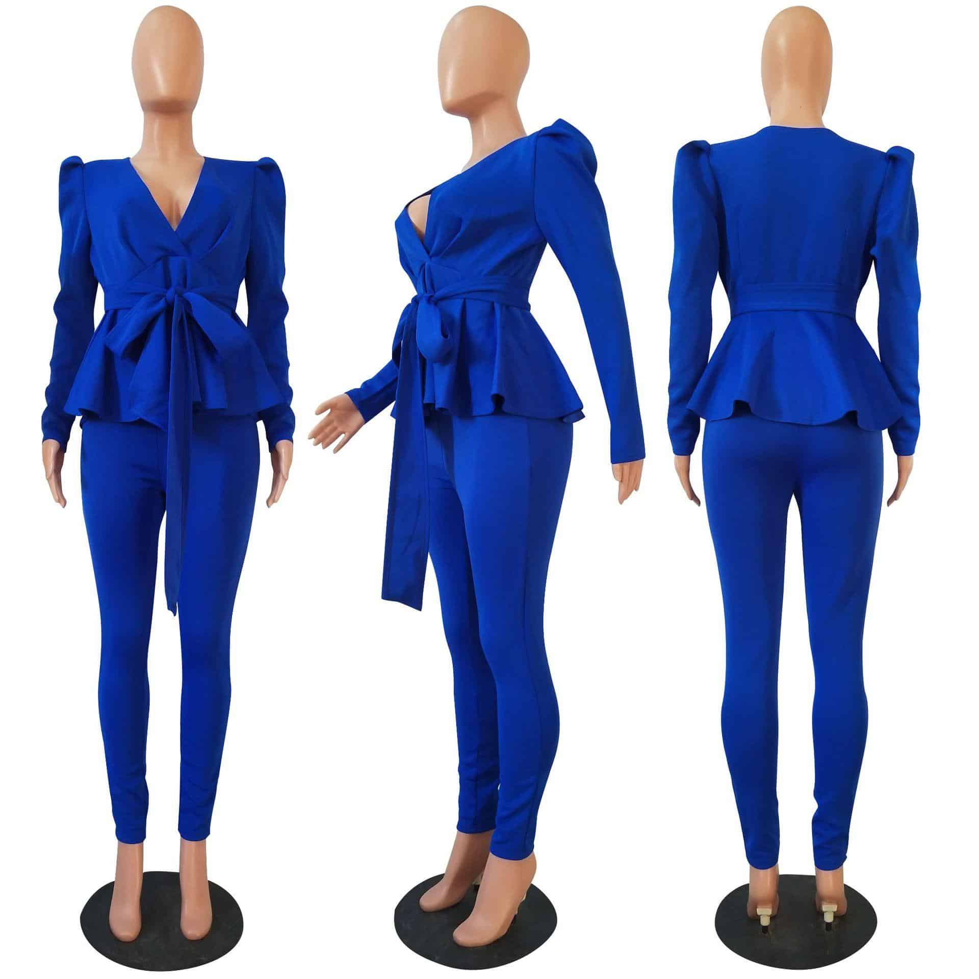 Solid Women Blazer Two Piece Set Casual V Neck Long Sleeve Ruffle Hem Blazer Coat Jacket Top Long Pants Suit Office Lady OL Set